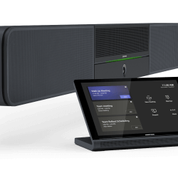 soundbar Crestron Flex video conferencing system with touchscreen control and high-quality audio.