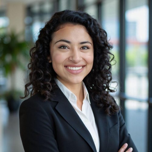 Savannah Sanchez Professional woman in business attire smiling in modern office environment.